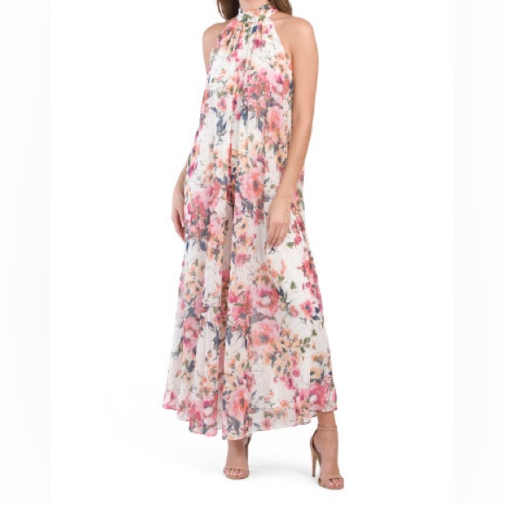 NWT MSK Floral Halter Maxi Jumpsuit Sz L